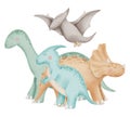 Dinosaurs Watercolor illustration. Cute Baby dino friends. Hand drawn clip art on isolated background. Different animals Royalty Free Stock Photo
