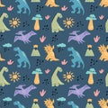 Dinosaurus cute seamless pattern with sun, baobab tree, volcano, branch isolated on dark blue background.