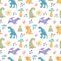 Dinosaurus cute seamless pattern with sun, baobab tree, volcano, branch isolated on white background.