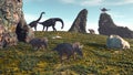 Dinosaurus on field with rocks.