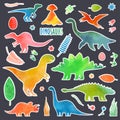 Dinosaurus watercolor stickers set. Tapes of dino.