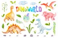 Dinoworld watercolor set isolated on white background. Dinosaurus, rocks, plants. Hand drawn illustration for nursery