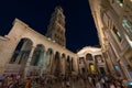 Diocletian palace in Split crowded with tourists wide angle night view, Dalmatia, Croatia. Wide angle view Cultural heritage
