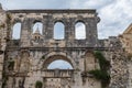 Diocletian`s Palace`s peristyle in front of Cathedral of Saint Domnius` bell tower in Split, Croatia. Diocletian palace UNESCO Royalty Free Stock Photo