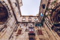 Diocletian's Palace's peristyle in front of Cathedral of Saint Domnius' bell tower in Split, Croatia. Diocletian palace UNESCO Royalty Free Stock Photo