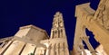 Diocletian\'s Palace ruins illuminated at dusk in Adriatic Croatian city old Split