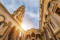 Diocletian's Palace's peristyle in front of Cathedral of Saint Domnius' bell tower in Split, Croatia. Diocletian palace UNESCO Royalty Free Stock Photo