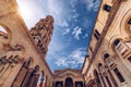 Diocletian's Palace's peristyle in front of Cathedral of Saint Domnius' bell tower in Split, Croatia. Diocletian palace UNESCO Royalty Free Stock Photo