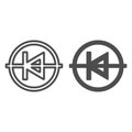 Diode in circle icon line and solid icon, electronics concept, PCB anode cathode vector sign on white background