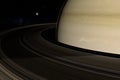 Dione, Saturn`s moon, orbiting around Saturn planet. 3d render