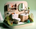 A diorama of a bathroom with a toilet, a sink, a mirror and shelf on a beige wall. Green background. Created with Generative AI
