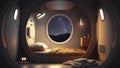 Diorama of the interior of a doomsday escape pod. Starry sky outside of the window.