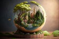 diorama of a small green eco city in a glass sphere, ecological concept. Generated AI