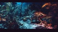 A dioramastyle exhibit displays a scene of Ankylosaurs defending themselves from a pack of predatory raptors with light Royalty Free Stock Photo