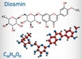 Diosmin, C28H32O15, flavonoid molecule. It is flavone glycoside of diosmetin, semisynthetic drug for treatment of venous disease.