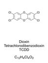 Dioxin, TCDD, Tetrachlorodibenzodioxin, chemical formula and structure Royalty Free Stock Photo