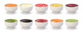 Dip sauces top view. Bowls with mayonnaise, tomato ketchup, mustard, pesto, curry and guacamole. Realistic spicy seasoning sauce