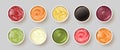 Dip sauces top view. Bowls with mayonnaise, tomato ketchup, mustard, pesto, curry and guacamole. Realistic spicy seasoning sauce