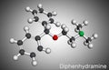 Diphenhydramine, molecule. It is H1 receptor antihistamine used in the treatment of seasonal allergies. Molecular model. 3D