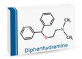 Diphenhydramine, molecule. It is H1 receptor antihistamine used in the treatment of seasonal allergies. Skeletal