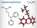 Diphenhydramine, molecule. It is H1 receptor antihistamine used in the treatment of seasonal allergies. Structural