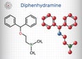 Diphenhydramine, molecule. It is H1 receptor antihistamine used in the treatment of seasonal allergies. Structural