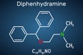 Diphenhydramine, molecule. It is H1 receptor antihistamine used in the treatment of seasonal allergies. Structural