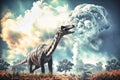 Diplodocus dinosaur on the ancient jungle. Dinosaur. Jurassic period. A huge monster. Global catastrophe. Death of the dinosaurs