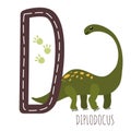 Diplodocus.Letter D with reptile name.Hand drawn cute herbivores dinosaur.Educational prehistoric illustration.Dino alphabet.