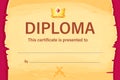 Diploma, certificate red background with parchment decorated with crown, graduate in cartoon style. Royalty Free Stock Photo