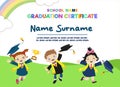Template diploma certificate for preschool and kindergarten students. Children celebrating the graduation happily. Royalty Free Stock Photo