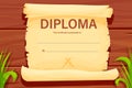 Diploma, child certificate on wooden background with parchment and grass, graduate in cartoon style. Royalty Free Stock Photo