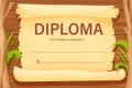 Diploma, child certificate on wooden background with parchment and grass, graduate in cartoon style. Royalty Free Stock Photo