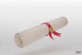 Diploma, close up of paper scroll with red ribbon isolated on white background. Graduation Degree Scroll with Medal. Education