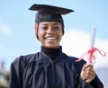 Diploma, education and black woman graduate in portrait, university success and graduation achievement. Student in