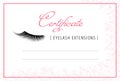 Diploma eyelash extensions. Makeup certificate template. beauty school or refresher courses for beautician. Make up