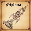 Diploma features a word cloud shaped like a rocket on an aged paper Royalty Free Stock Photo
