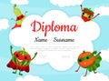 Diploma with Funny Fruit Hero in Mask and Cloak Near White Empty Board Vector Template Royalty Free Stock Photo