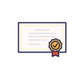 Diploma icon. Vector quality certificate with seal. Flat filled outline illustration design