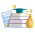 Diploma, money bag, books, academic hat, vector illustration. Education cost. Tuition fee, knowledge value, scholarship.