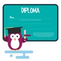 Diploma template with flat penguin character stylized as a student.