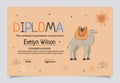 Diploma template for kids, certificate background with hand drawn cute elements. Camel.