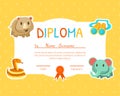 Diploma Template for Kids with Place For Your Text, Preschool, Kindergarten Children Yellow Certificate with Cute