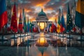 Diplomatic Relations: Bilateral and multilateral relations between countries.A row of flags are neatly displayed in front of a Royalty Free Stock Photo