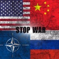 Diplomatic relations between USA, China, NATO and Russia. Flag of the four countries