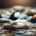 A dipper perches on a riverside rock waiting for prey