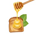 Dipper with honey poring on slice of bread Royalty Free Stock Photo