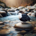 A dipper perches on a riverside rock waiting for prey