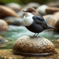 A dipper perches on a riverside rock waiting for prey