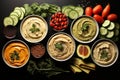 Dipping food on the table with delicious hummus bowls